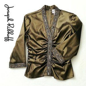 JOSEPH RIBKOFF Blouse Top Metallic Brown-Green Stretchy Bead Embroidered…